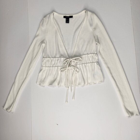 Forever 21 Ruched Tie Crop Top Size S Deep V Neck Cropped Ruffled Hem Boho Y2K - Picture 4 of 8